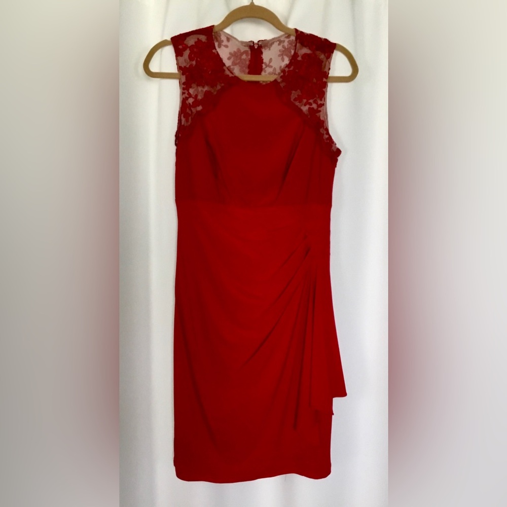 Sténay Red Lace Illusion Sheath Cocktail Dress Ruched Size 8